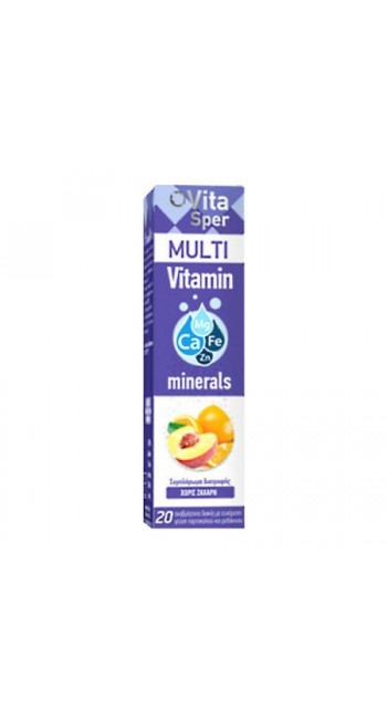 Vitasper Multivitamin & Minerals Πολυβιταμίνες για Τόνωση & Ενίσχυση του Οργανισμού με Γεύση Ροδάκινο-Πορτοκάλι, 20 Αναβράζοντα Δισκία