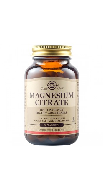 Solgar Magnesium Citrate 200mg Συμπλήρωμα Διατροφής με Κιτρικό Μαγνήσιο για την Καλή Λειτουργία των Μυών & του Νευρικού Συστήματος - Μειώνει τις Κράμπες, 60tabs