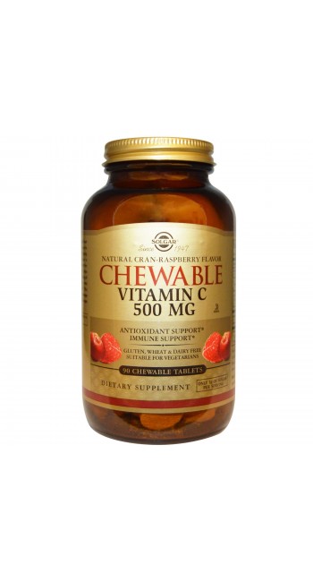 Solgar Chewable Vitamin C 500mg Raspberry Μασώμενες Ταμπλέτες Βιταμίνη C για Ενίσχυση Ανοσοποιητικού, Πρόληψη & Αντιμετώπιση Κρυολογήματος με Γεύση Σμέουρο, 90chew. Tabs