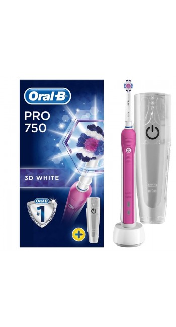 Oral-B Pro 750 3D White Ηλεκτρική Οδοντόβουρτσα για Φυσικά πιο Λευκά Δόντια & Δώρο Θήκη Ταξιδιού Ροζ Χρώμα, 1τμχ