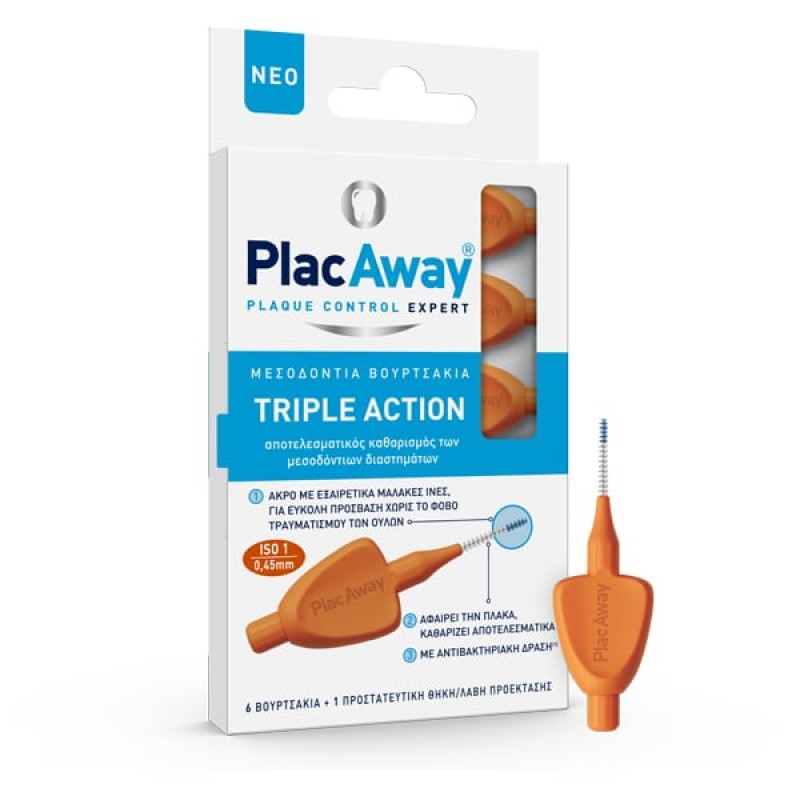 Plac Away Triple Action Μεσοδόντια Βουρτσάκια Πορτοκαλί 0.45mm, 6τμχ