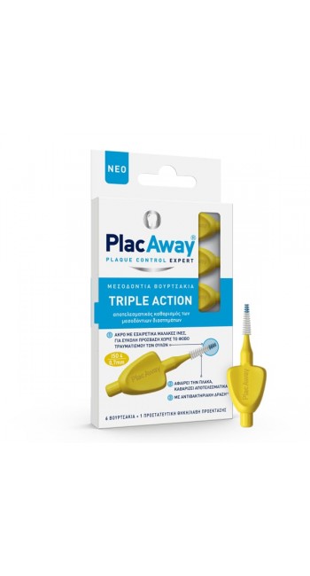 Plac Away Triple Action Μεσοδόντια Βουρτσάκια Κίτρινα 0.7mm, 6τμχ