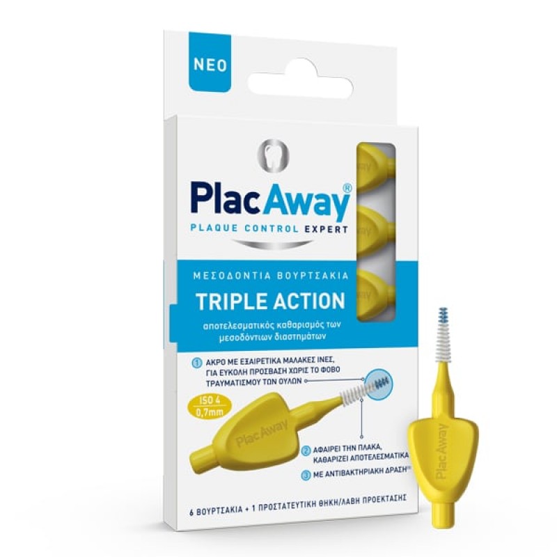 Plac Away Triple Action Μεσοδόντια Βουρτσάκια Κίτρινα 0.7mm, 6τμχ