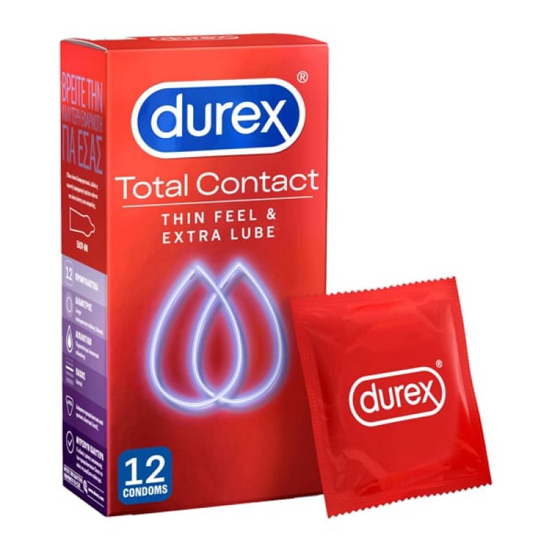 Durex Total Contact Thin Feel & Extra Lube Εξαιρετικά Λεπτά Προφυλακτικά με Επιπλέον Λίπανση, 12τμχ