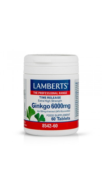 Lamberts Ginkgo 6000mg Συμπλήρωμα Διατροφής για Καλή Μνήμη & Κυκλοφορία του Αίματος στα Άκρα, 60tabs