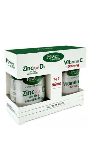 Power of Nature Zinc Platinum Range 1+1 Δώρο με Zinc Συμπλήρωμα Ψευδαργύρου 15mg Plus D3 2000ui, 30caps & Βιταμίνη C με Βιοφλαβονοειδή 1000mg, 20caps