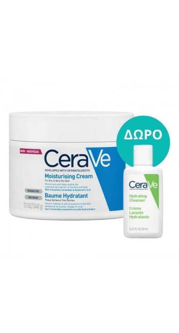 CeraVe Promo με Moisturising Cream Ενυδατική Κρέμα για Ξηρό/Πολύ Ξηρό Δέρμα, 340gr & Δώρο Hydrating Cleanser Κρέμα Καθαρισμού, 20ml, 1σετ