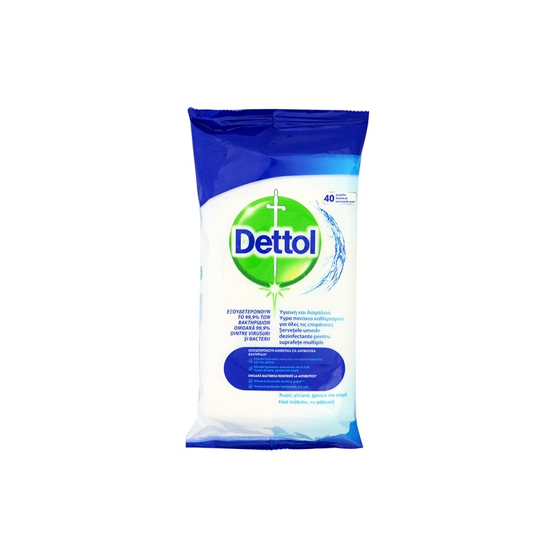 Dettol Αντιβακτηριδιακά Μαντηλάκια Καθαρισμού Επιφανειών, 40τμχ 