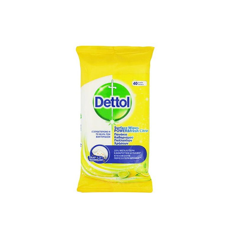 Dettol Αντιβακτηριδιακά Υγρά Πανάκια Καθαρισμού Πολλαπλών Χρήσεων με Άρωμα Λεμόνι, 40τμχ