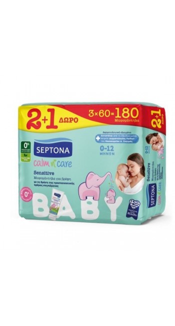 Septona Promo Calm n' Care Sensitive Baby Wipes Μωρομάντηλα με Δράση Προστατευτικής Κρέμας Συγκάματος, 3x60τεμ (2+1 Δώρο)