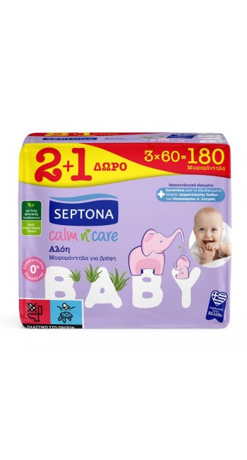 Septona Calm n' Care Μωρομάντηλα για Βρέφη με Αλόη, 3x60τεμ (2+1 Δώρο)