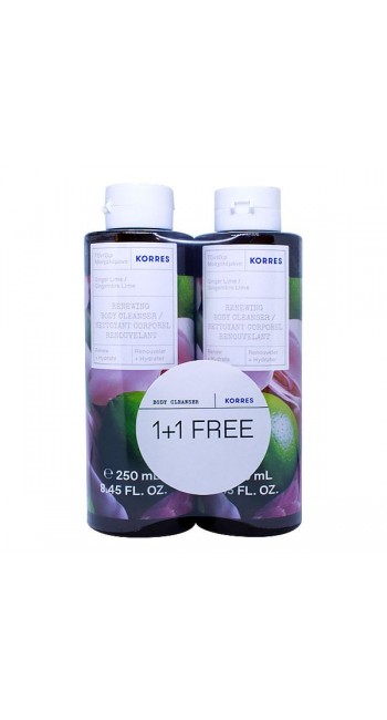 Korres 1+1 Δώρο Πακέτο Προσφοράς Renewing Body Cleanser Ginger Lime Αφρόλουτρο Gel Τζίντζερ Μοσχολέμονο, 2x250ml