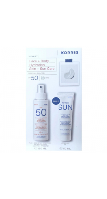 Korres Πακέτο Face + Body Hydration Skin + Sun Care με Aντηλιακό Spray Σώματος & Προσώπου SPF50, 150ml & Δώρο After Sun Gel Προσώπου & Σώματος, 50ml, 1σετ