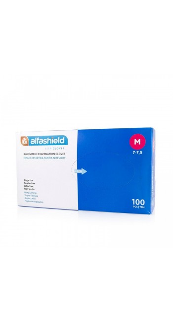 Alfashield Alfa Gloves Εξεταστικά Γάντια Νιτριλίου μιας Χρήσης Χωρίς Πούδρα Μπλε Medium 100τμχ 