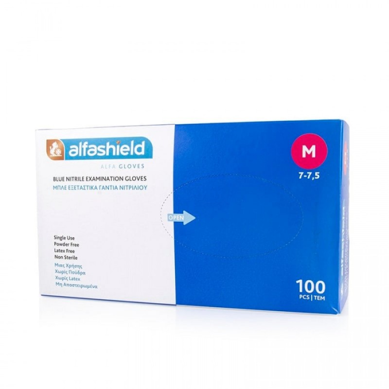 Alfashield Alfa Gloves Εξεταστικά Γάντια Νιτριλίου μιας Χρήσης Χωρίς Πούδρα Μπλε Medium 100τμχ 