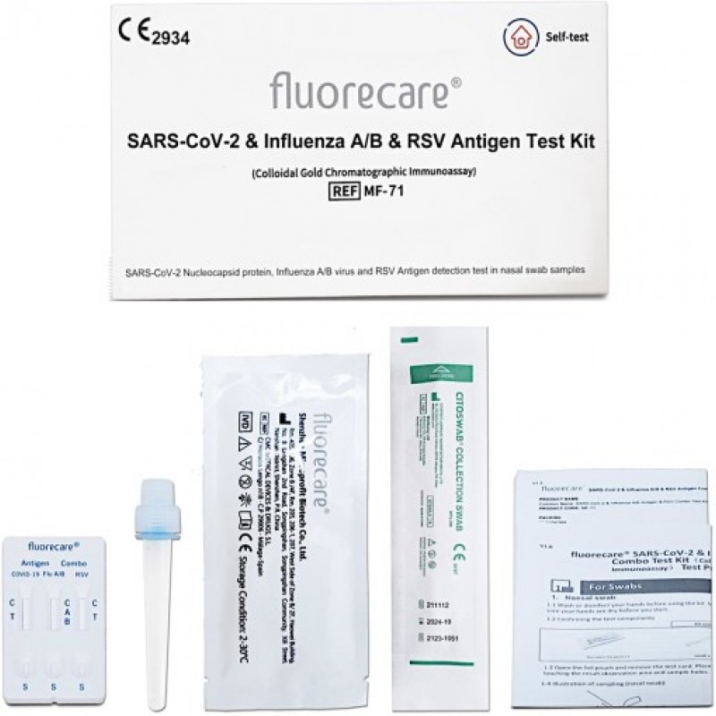 Fluorecare Rapid Test Αυτοελέγχου αντιγόνου γρίπης A & B, Covid -19, RSV, 1τμχ