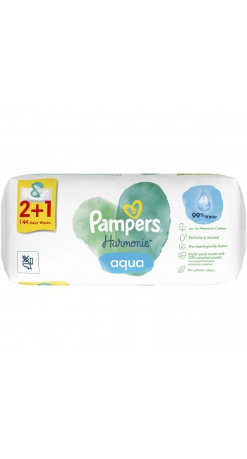 Pampers Harmonie Aqua Μωρομάντηλα 2+1 Δώρο 144τμχ 