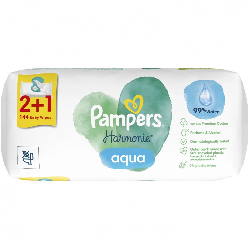 Pampers Harmonie Aqua Μωρομάντηλα 2+1 Δώρο 144τμχ 