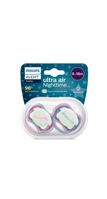 Avent Philips Ultra Air Nighttime Ορθοδοντική Πιπίλα Σιλικόνης Νυκτός σε Διάφορα Χρώματα 6-18m, 2τμχ 