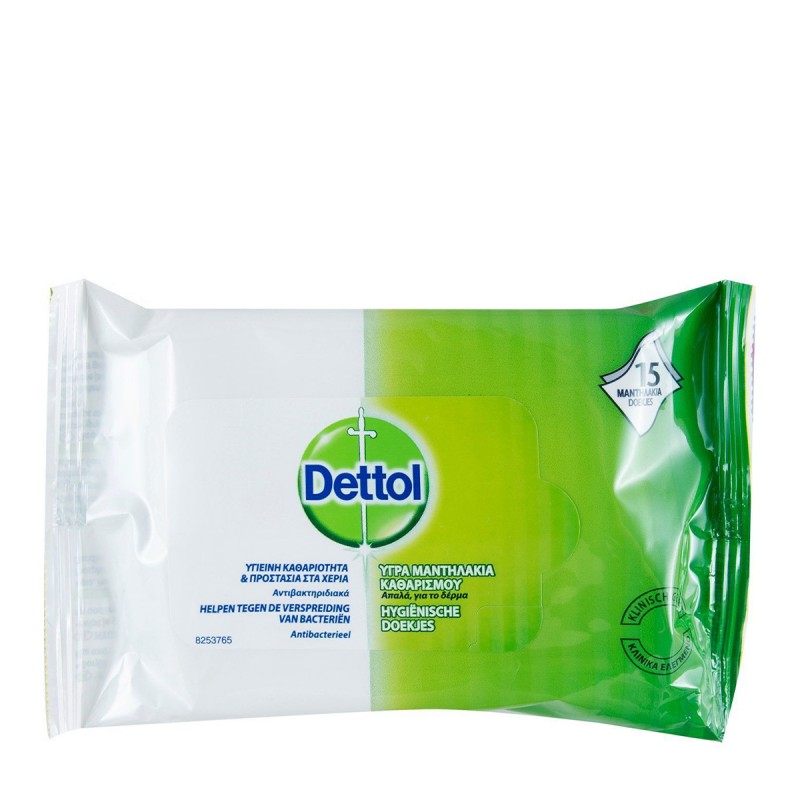 Dettol Υγρά Αντιβακτηριδιακά Μαντηλάκια Καθαρισμού, 15 μαντηλάκια