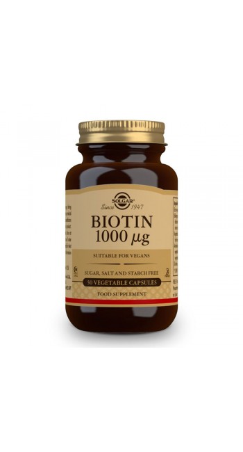 Solgar Biotin 1000μg Συμπλήρωμα Διατροφής με Βιοτίνη που Συμβάλλει στην Καλή Υγεία των Μαλλιών & του Δέρματος - Ιδανικό σε Περιπτώσεις Σμηγματοροϊκής Δερματίτιδας, 50veg.caps