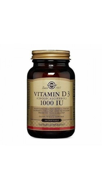 Solgar Vitamin D3 1000 IU (25μg) Συμπλήρωμα Διατροφής Βιταμίνης D3 με Πολλαπλά Οφέλη για τον Οργανισμό, Ιδανικό για την Υγεία των Οστών & των Αρθρώσεων, 100softgels