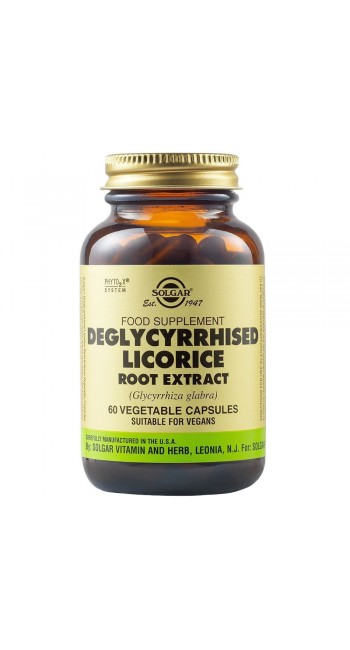 Solgar Deglycyrrhised Licorise Root Extract Συμπλήρωμα Διατροφής Γλυκόριζας Χρήσιμο σε Περιπτώσεις Πεπτικών Προβλημάτων & Αντιμετώπιση Βήχα, Γρίπης & Κρυολογήματος, 60veg.caps