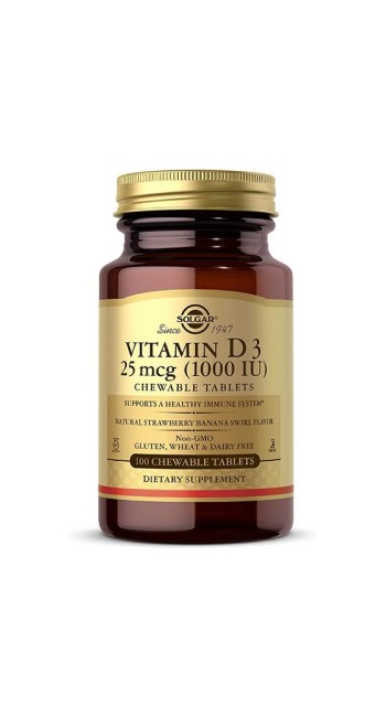 Solgar Vitamin D3 1000 IU (25μg) Συμπλήρωμα Διατροφής Μασώμενης Βιταμίνης D3 με Γεύση Μπανάνα - Φράουλα με Πολλαπλά Οφέλη για τον Οργανισμό, Ιδανικό για την Υγεία των Οστών & των Αρθρώσεων, 100chew.tabs