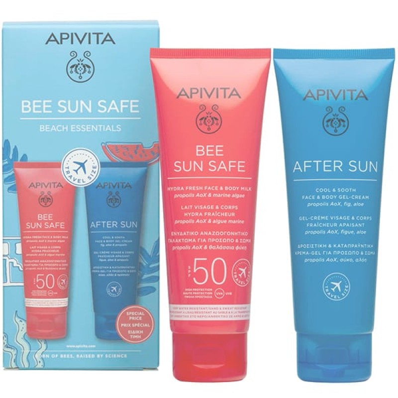 Apivita Promo Bee Sun Safe Beach Essentials Hydra Fresh Face & Body Milk SPF50, 100ml & After Sun Cool & Sooth Face & Body Gel Cream, 100ml