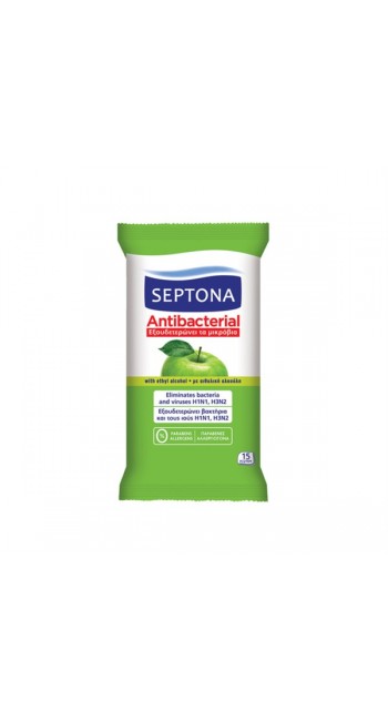 Septona Antibacterial Πράσινο Μήλο Υγρά Μαντηλάκια, 15τμχ