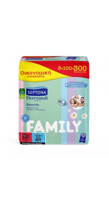 Septona Μωρομάντηλα με Χαμομήλι Dermasoft Chamomille Family, 3x100τμχ 