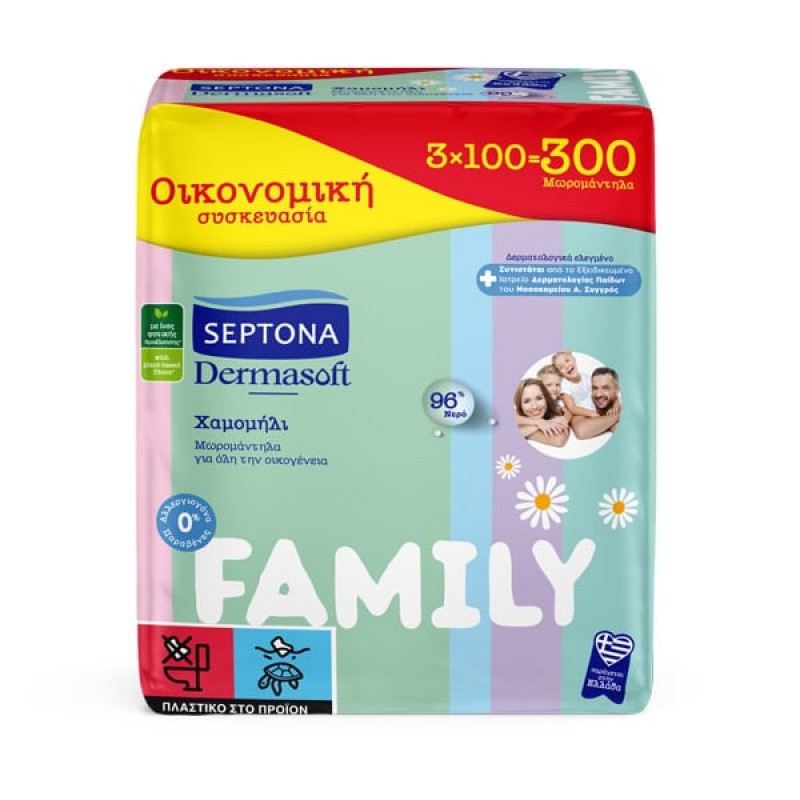 Septona Μωρομάντηλα με Χαμομήλι Dermasoft Chamomille Family, 3x100τμχ 