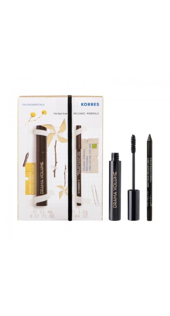 Korres Σετ Drama Volume No1 Black Mascara Extreme Volume για Μέγιστο Όγκο Μαύρο, 11ml & Volcanic Minerals Long Lasting Eyeliner No1 Μαύρο Μολύβι, 1.2gr