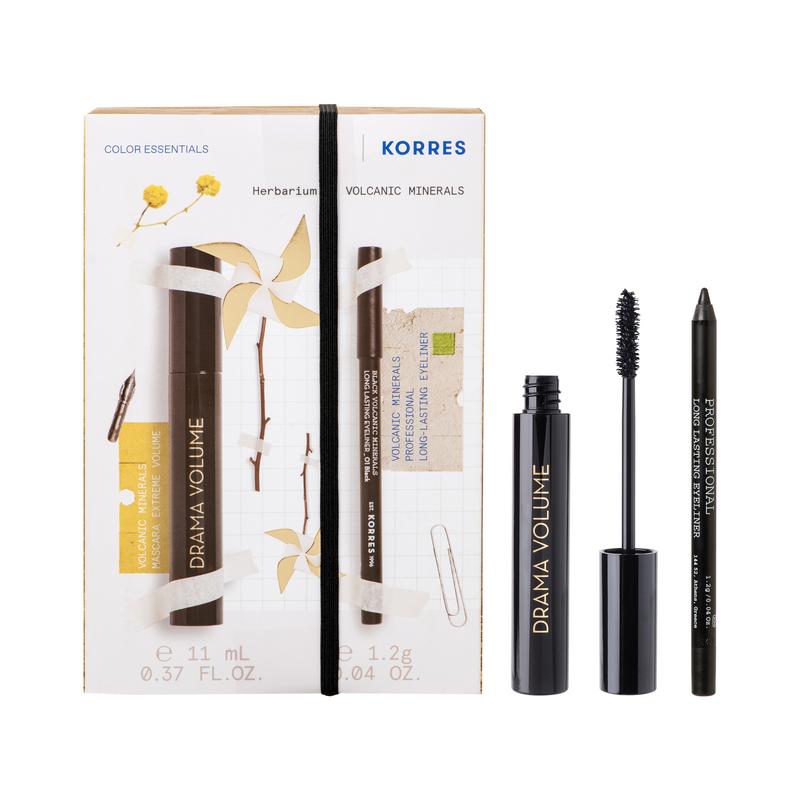 Korres Σετ Drama Volume No1 Black Mascara Extreme Volume για Μέγιστο Όγκο Μαύρο, 11ml & Volcanic Minerals Long Lasting Eyeliner No1 Μαύρο Μολύβι, 1.2gr